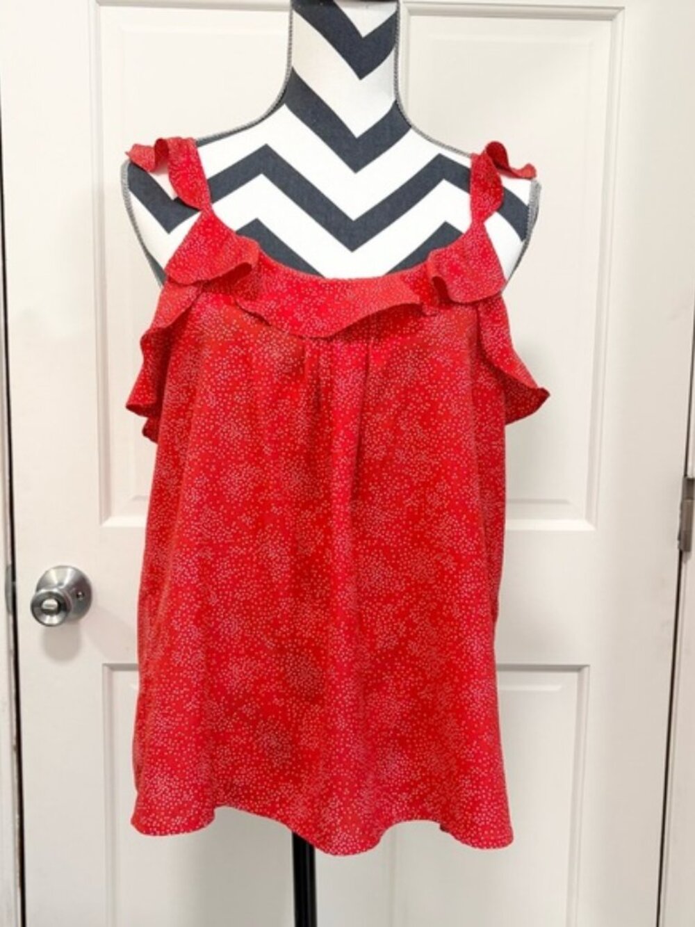 Collective Concepts Flutter Sleeve Tank Top Polka Dot Orange/White Flowy Ruffle‎